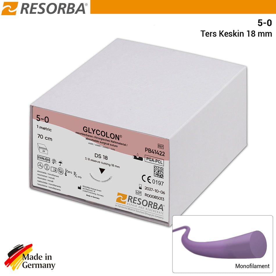 Suture monoflament résorbable au glycolon Resorba 5/0 - Aiguille à coupe inversée 