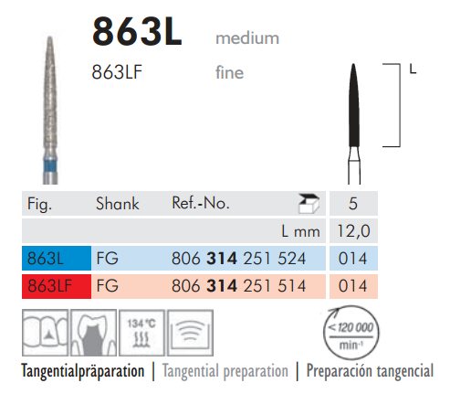 Meisinger 863L Synthetic Diamond Bur — Pack of 5 — Flame Tip