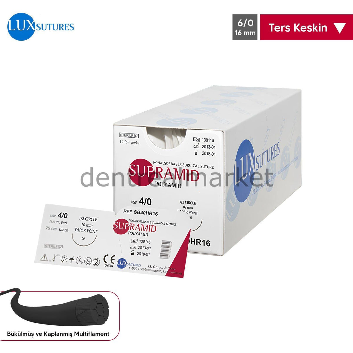 Lux Sutures Supramid (Polyamide) Coated Multifilament Suture - Reverse Cutting 6/0 - 16 mm